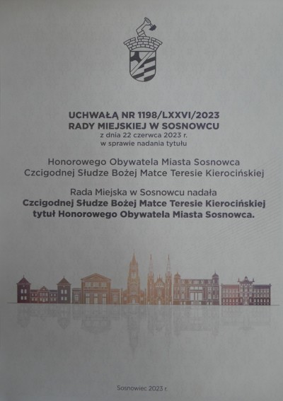 Czcigodna Sługa Boża Teresa Kierocińska - Honorowym Obywatelem Miasta Sosnowca